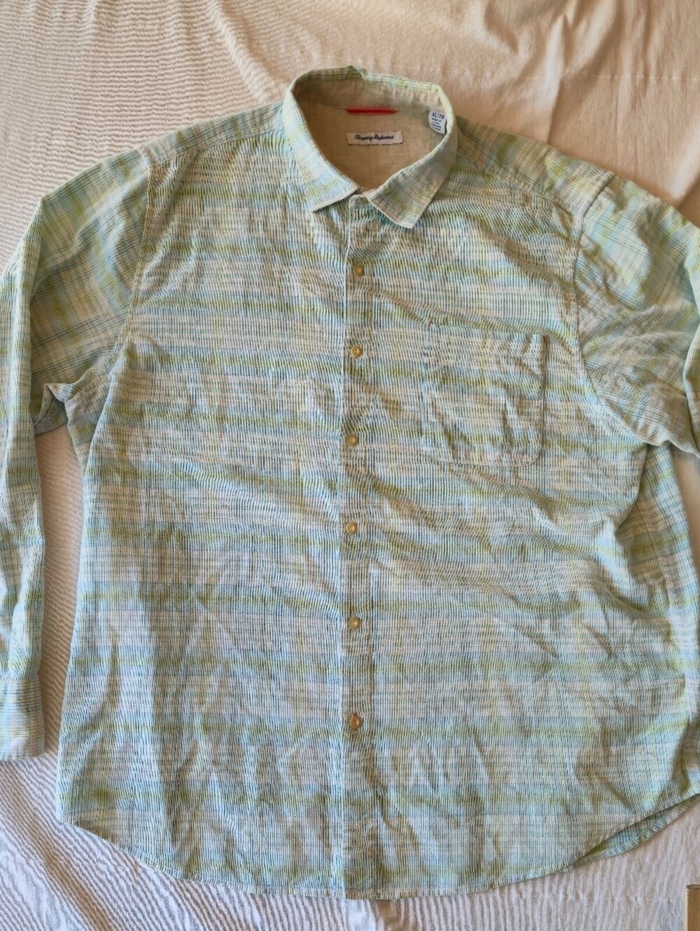 Tommy Bahama Men's XL Long Sleeve Button-Up Shirt Green Plaid Linen